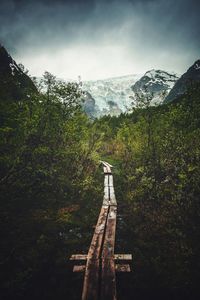 Wooden footbridge amidst trees and mountains against sky