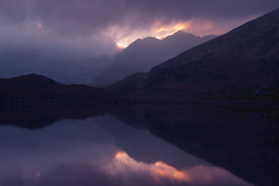 Scenic view of lake and mountains against sky during sunset