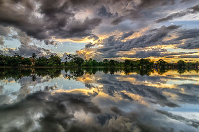 Scenic view of lake against dramatic sky