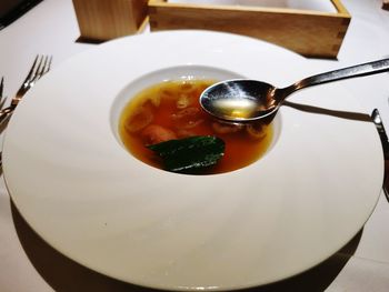 High angle view of ice cream in bowl on table