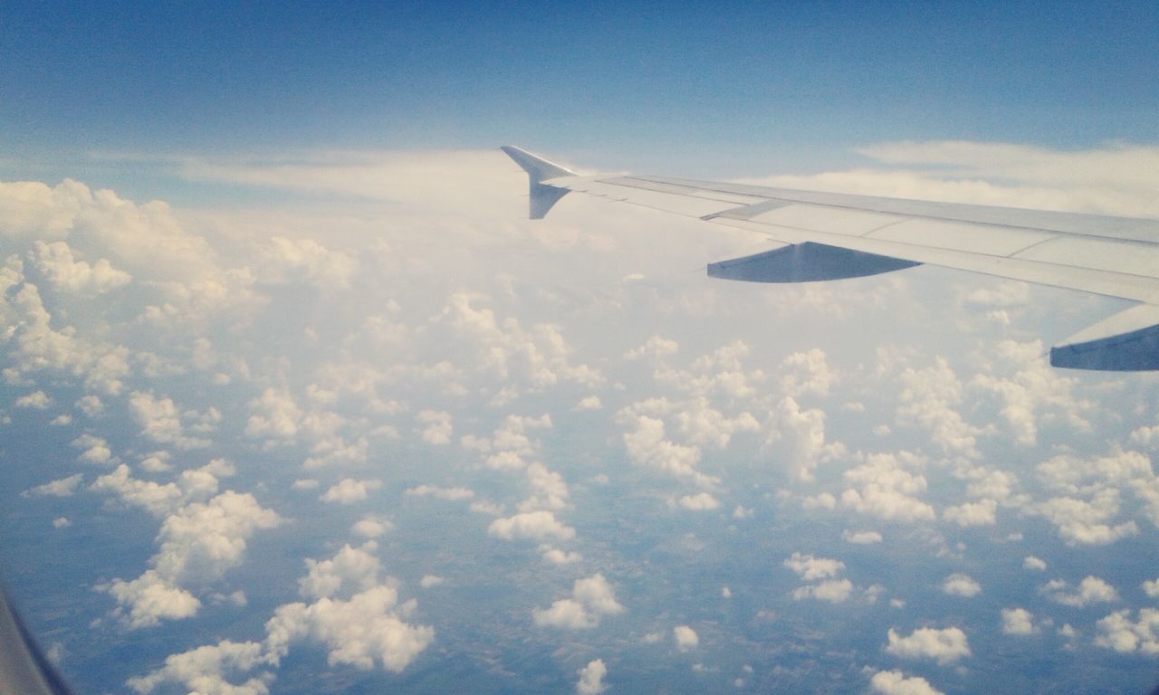 airplane, transportation, aircraft wing, air vehicle, flying, mode of transport, aerial view, part of, cropped, travel, mid-air, sky, journey, on the move, public transportation, airplane wing, cloud - sky, scenics, landscape, beauty in nature