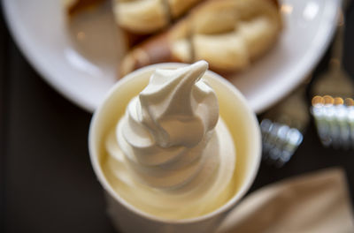 High angle view of ice cream in bowl on table