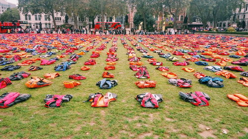 High angle view of people on field