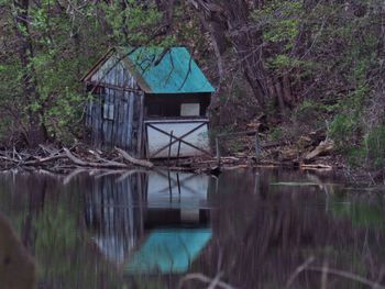 Hut by lake in forest