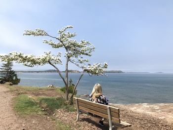 Woman sitting on bench looking at sea against sky