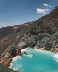 Scenic view of sea and mountains against sky