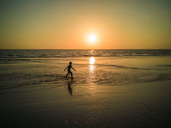 Silhouette person on beach against sky during sunset