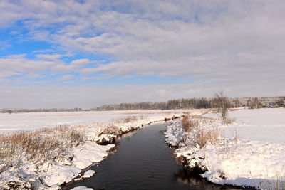 Scenic view of snow covered land against sky