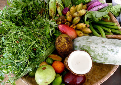 High angle view of fruits and vegetables