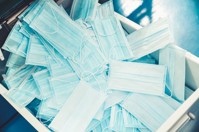 Close-up of stack of blue table