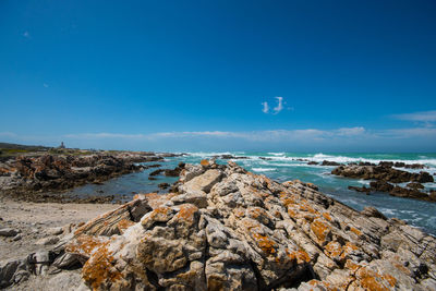 Scenic view of beach against blue sky