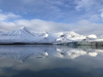 Scenic view of lake by snowcapped mountains against sky