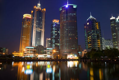 Reflection of illuminated buildings in city at night