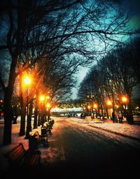 Illuminated street light against sky at night