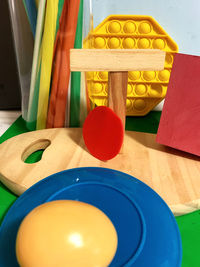 High angle view of multi colored candies on table