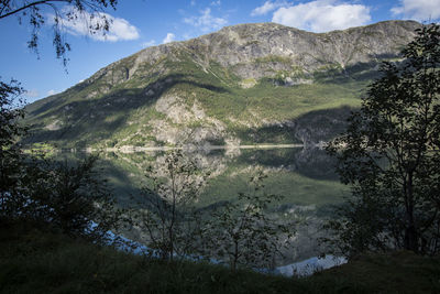 Scenic view of lake and mountains against sky