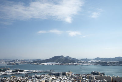 Aerial view of cityscape against blue sky