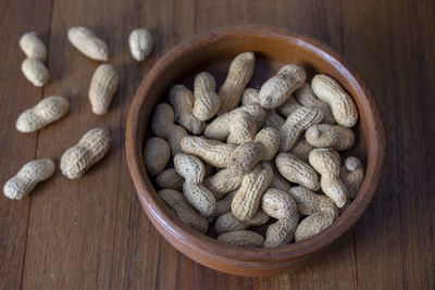 High angle view of cookies in bowl on table