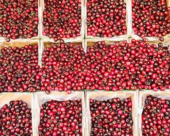 Full frame shot of cherries in containers