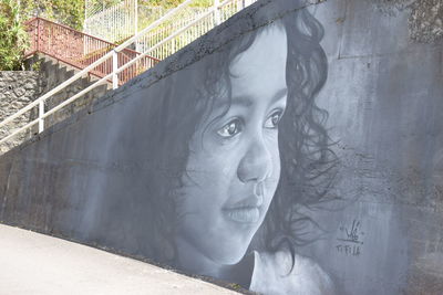 Close-up portrait of young woman against wall