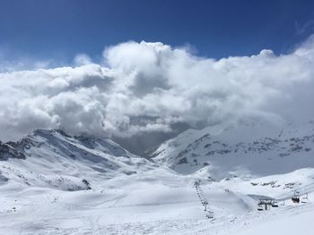 Scenic view of snow covered mountains against sky