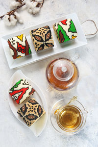 High angle view of drink on table