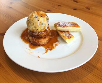 High angle view of cake in plate on table