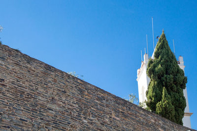 Low angle view of temple against clear blue sky