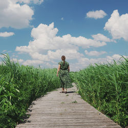 Man cycling on footpath amidst plants against sky