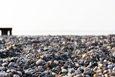 Close-up of stones on beach against clear sky