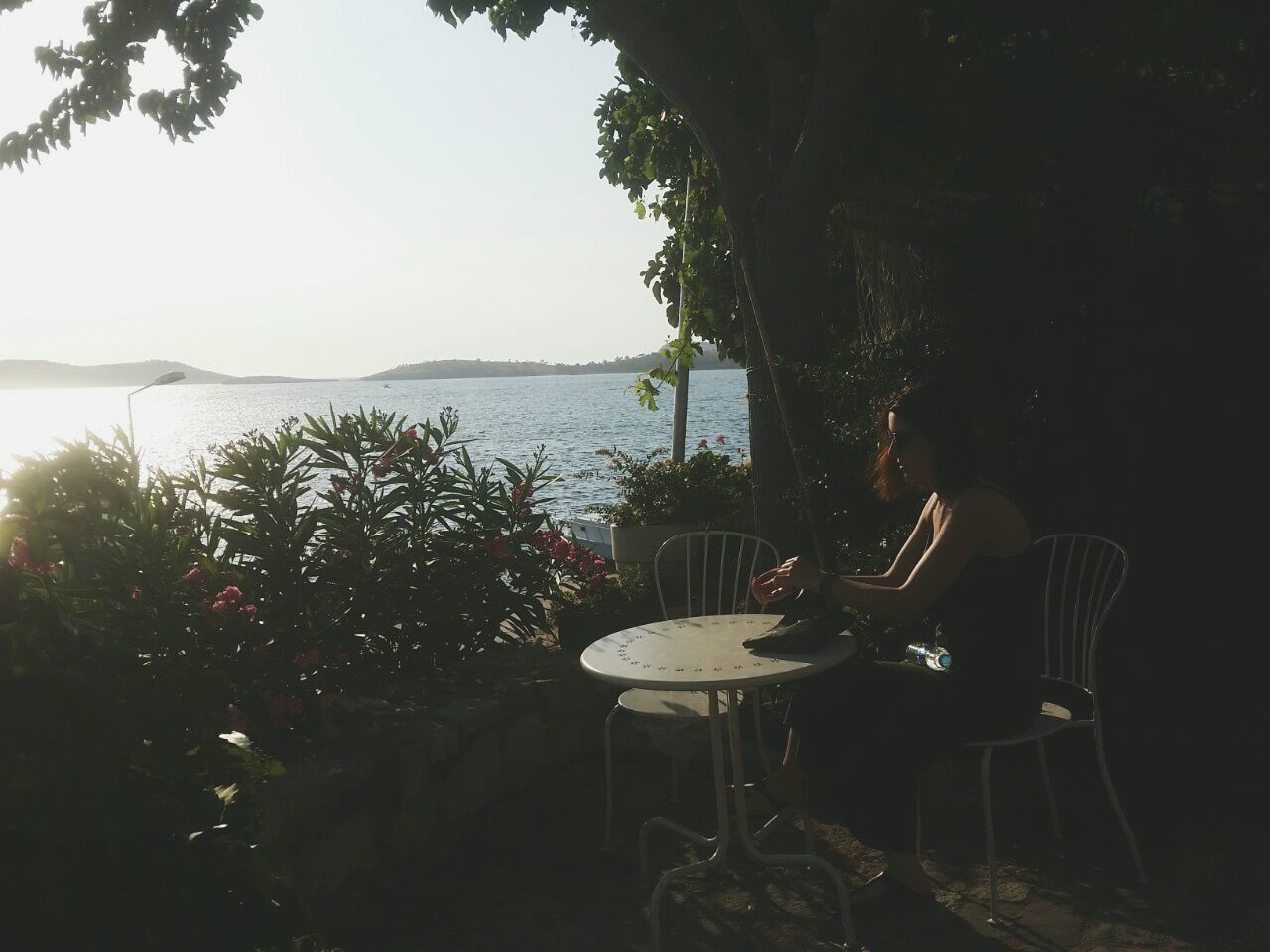 table, water, chair, tree, sea, tranquility, nature, plant, tranquil scene, clear sky, potted plant, absence, horizon over water, growth, day, sky, sunlight, beauty in nature, scenics, copy space