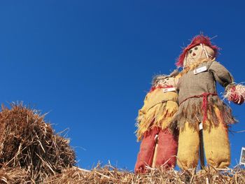 Low angle view of traditional windmill against clear blue sky