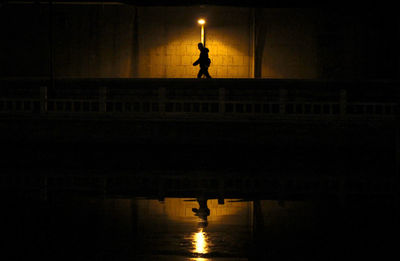 Silhouette person walking on shore against sky at night