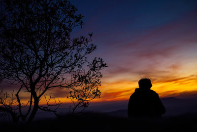 Silhouette person by tree against sky during sunset