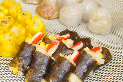 High angle view of breakfast served on table