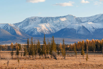 Scenic view of snowcapped mountains against sky