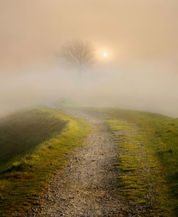 Scenic view of landscape against sky during foggy weather