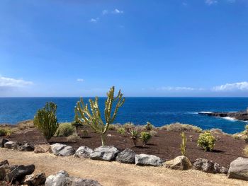 Scenic view of sea against blue sky