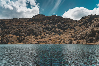 Scenic view of lake by mountains against sky