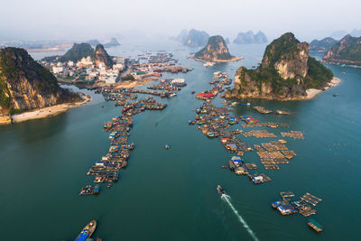 High angle view of boats in sea
