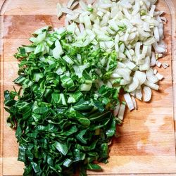 High angle view of chopped vegetables on table