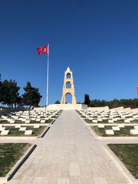 View of flags against clear blue sky