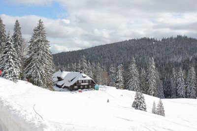 Scenic view of snow covered landscape against sky