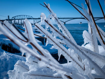 Close-up of snow covered railing by sea against blue sky