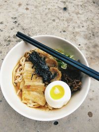 High angle view of food in bowl on table