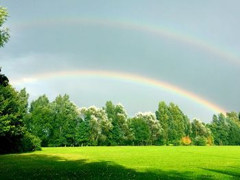 Scenic view of rainbow over field against sky