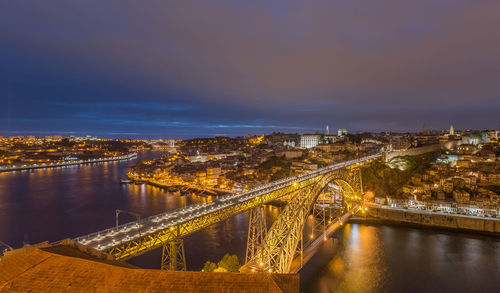 Illuminated bridge over river in city against sky at night