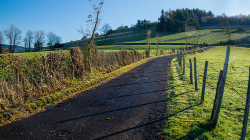 Dirt road amidst field against sky