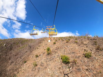 Overhead cable car on landscape against sky