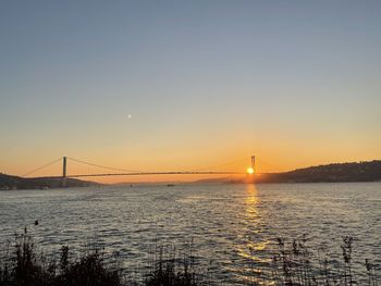 View of suspension bridge at sunset